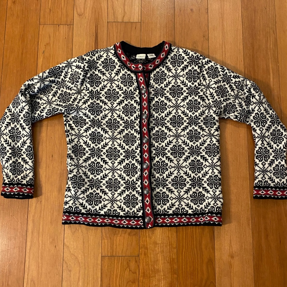 L.L. Bean Nordic Black and White Cardigan with Red Trim